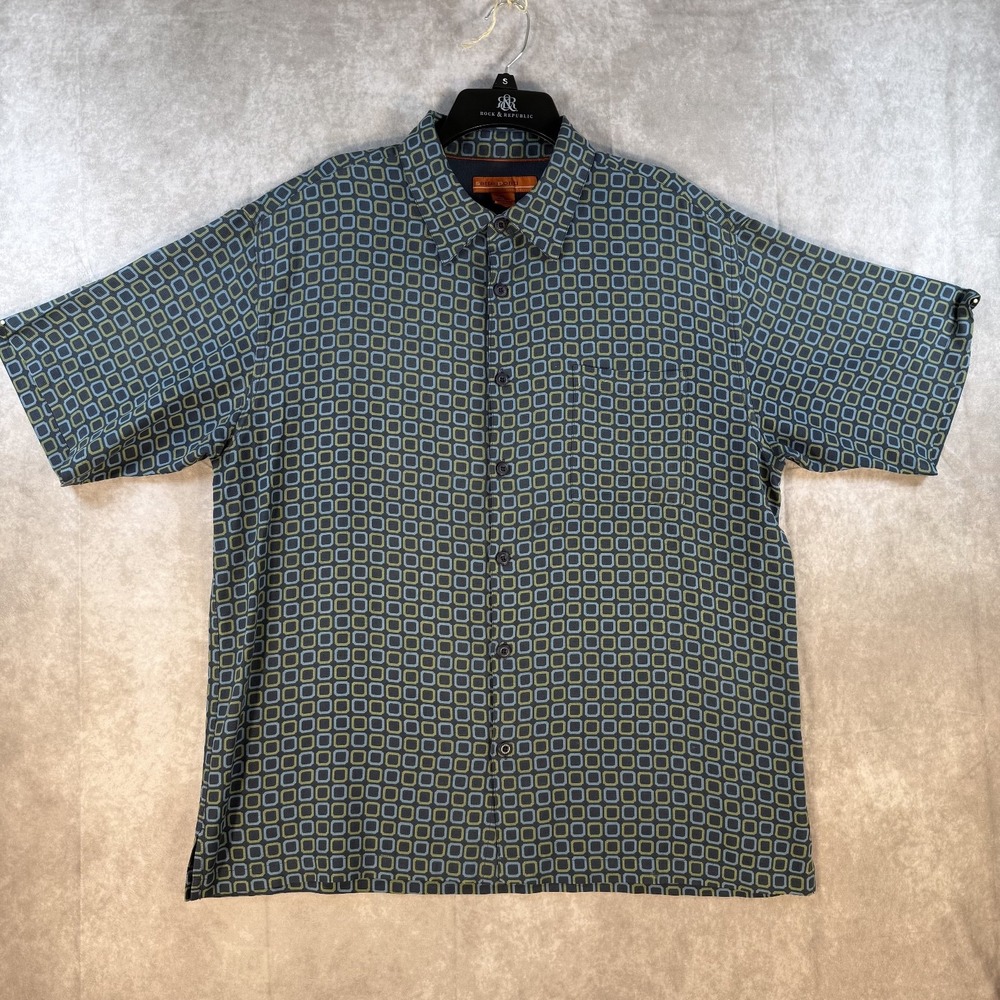 Sette Ponti Button‎ Up Shirt Men XL Blue Green 100% Silk Geometric Short Sleeve